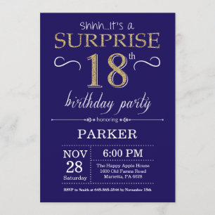 Surprise 18th Birthday Navy Blue and Gold Glitter Invitation