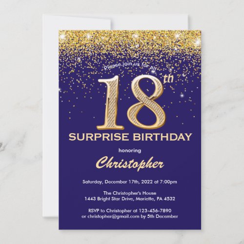 Surprise 18th Birthday Navy Blue and Gold Glitter Invitation