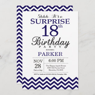Surprise 18th Birthday Navy Blue Chevron Invitation