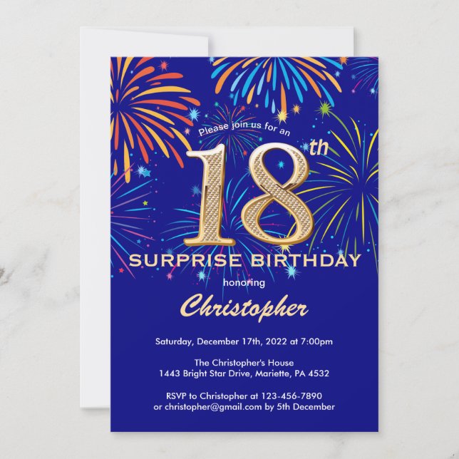 Surprise 18th Birthday Navy Blue Gold Firework Invitation (Front)