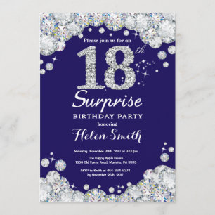 Surprise 18th Birthday Navy Blue Silver Diamond Invitation
