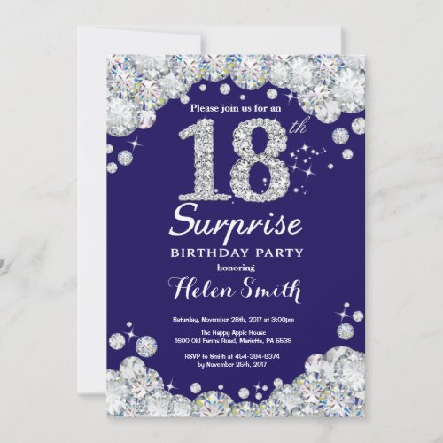 Surprise 18th Birthday Navy Blue Silver Diamond Invitation