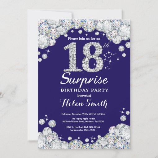 Surprise 18th Birthday Navy Blue Silver Diamond Invitation | Zazzle