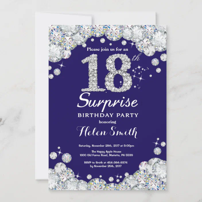 18Th Navy Blue & White Bling Sparkle Birthday Party Personalised Invitations