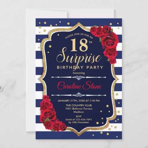 Surprise 18th Birthday _ Navy White Red Invitation