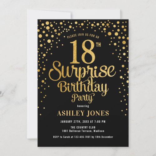 Surprise 18th Birthday Party _ Black  Gold Invitation