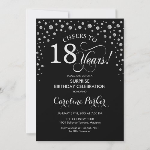 Surprise 18th Birthday Party _ Black Silver Invitation