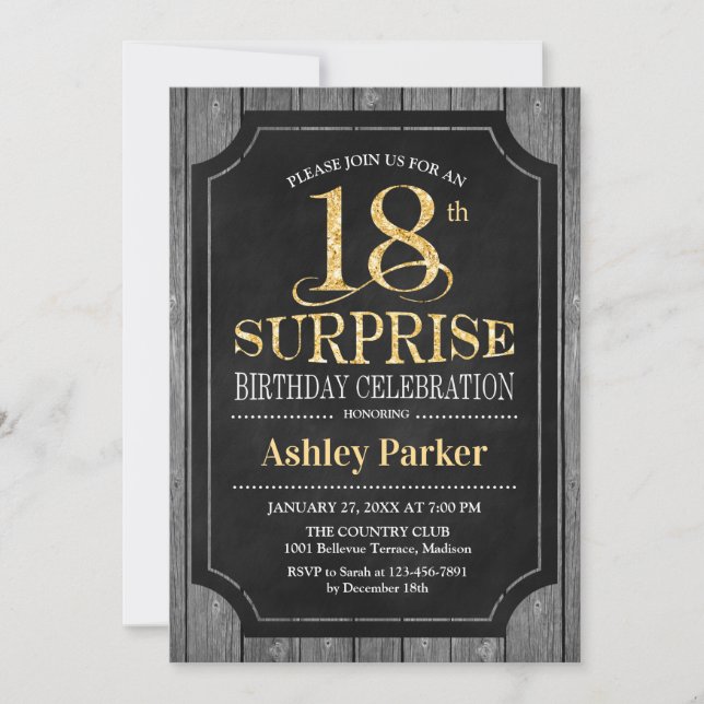 Surprise 18th Birthday Party - Chalkboard Gold Invitation (Front)