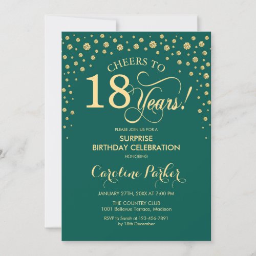Surprise 18th Birthday Party _ Emerald Green Gold Invitation