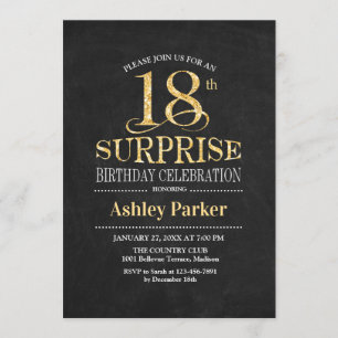 Surprise 18th Birthday Party - Gold Black Invitation