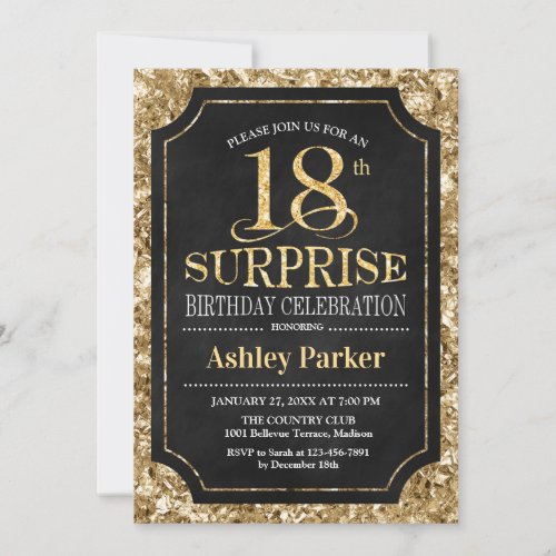 Surprise 18th Birthday Party _ Gold Black Invitation