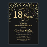 Surprise 18th Birthday Party - Gold Black Invitation<br><div class="desc">Surprise 18th Birthday Party Invitation.
Elegant design in black and faux glitter gold . Features script font and diamonds confetti. Cheers to 18 Years! Message me if you need further customization.</div>