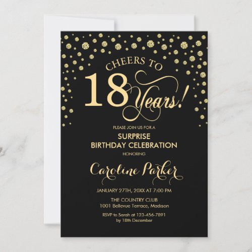 Surprise 18th Birthday Party _ Gold Black Invitation