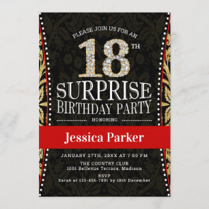 Surprise 18th Birthday Party - Gold Black Red Invitation