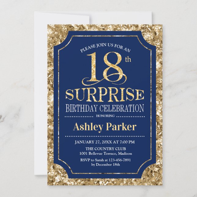 Surprise 18th Birthday Party - Gold Navy Invitation (Front)