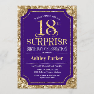 Surprise 18th Birthday Party - Gold Purple Invitation