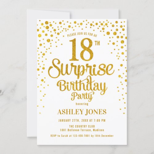 Surprise 18th Birthday Party _ Gold  White Invitation