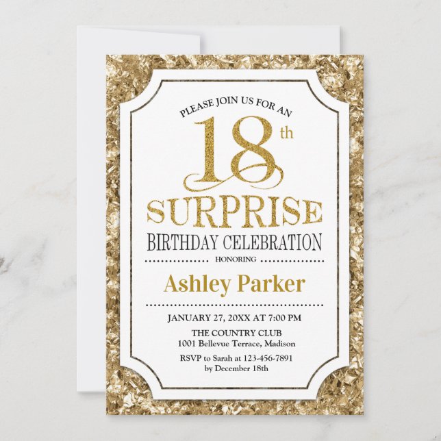 Surprise 18th Birthday Party - Gold White Invitation (Front)