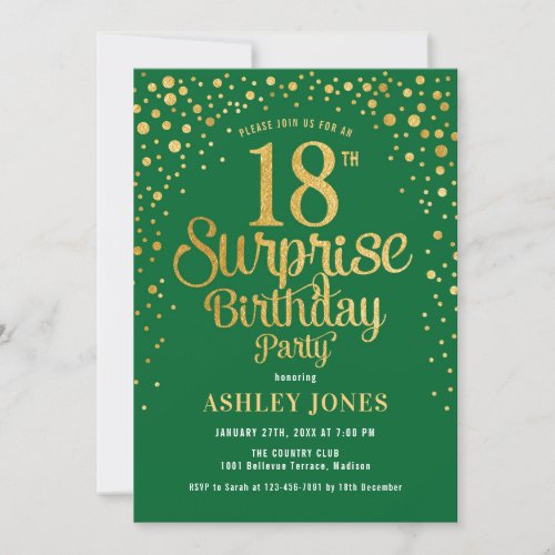 Surprise 18th Birthday Party _ Green  Gold Invitation