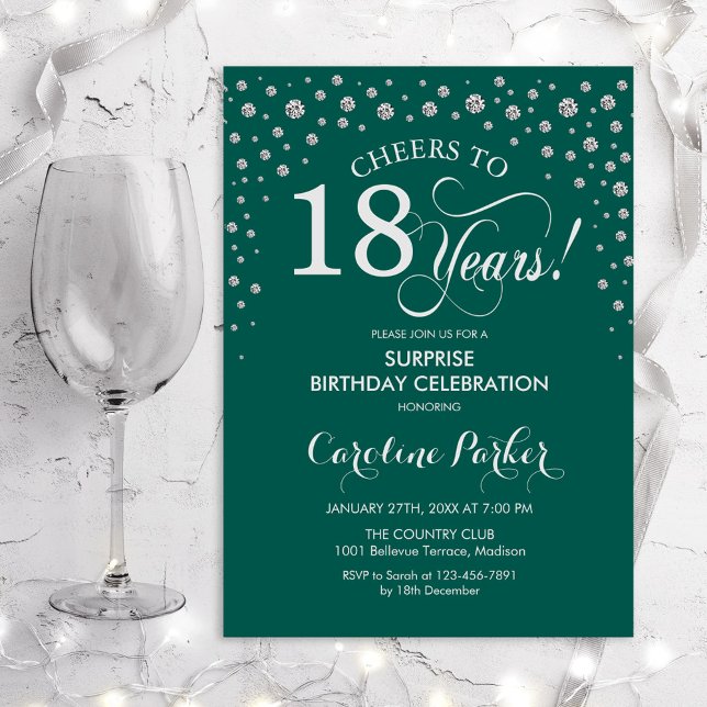 Surprise 18th Birthday Party - Green Silver Invitation (Creator Uploaded)