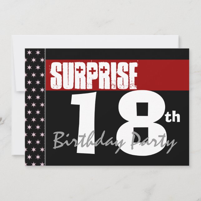 Surprise 18th Birthday Party Modern Black and Red Invitation (Front)