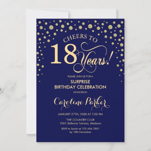 Surprise 18th Birthday Party - Navy Blue Gold