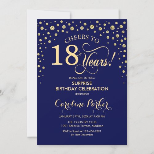 Surprise 18th Birthday Party _ Navy Blue Gold Invitation