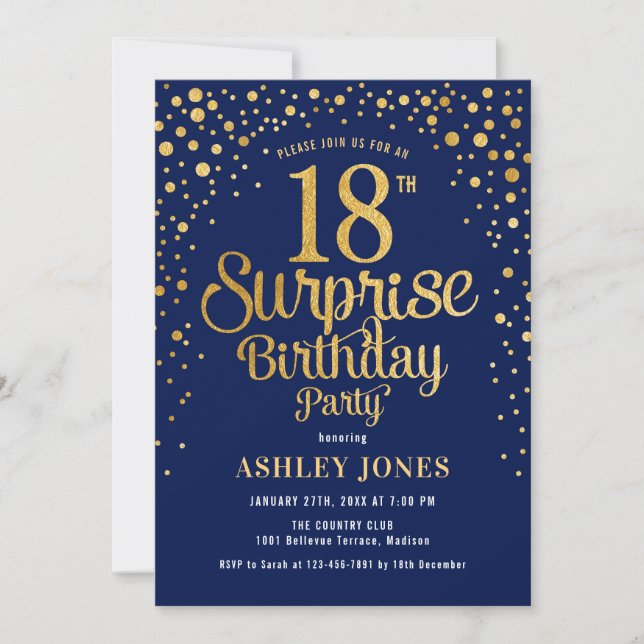 Surprise 18th Birthday Party - Navy & Gold Invitation (Front)