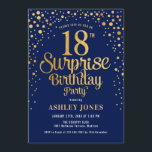 Surprise 18th Birthday Party - Navy & Gold Invitation<br><div class="desc">Surprise 18th Birthday Party Invitation.
Elegant design in navy blue and faux glitter gold. Features stylish script font and confetti. Message me if you need custom age.</div>