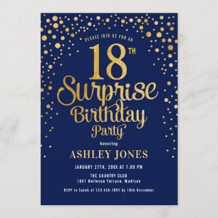 Surprise 18th Birthday Party - Navy & Gold Invitation
