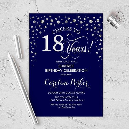 Surprise 18th Birthday Party _ Navy Silver Invitation