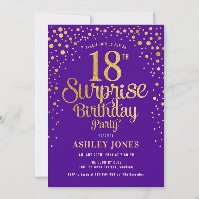 Surprise 18th Birthday Party - Purple & Gold Invitation (Front)