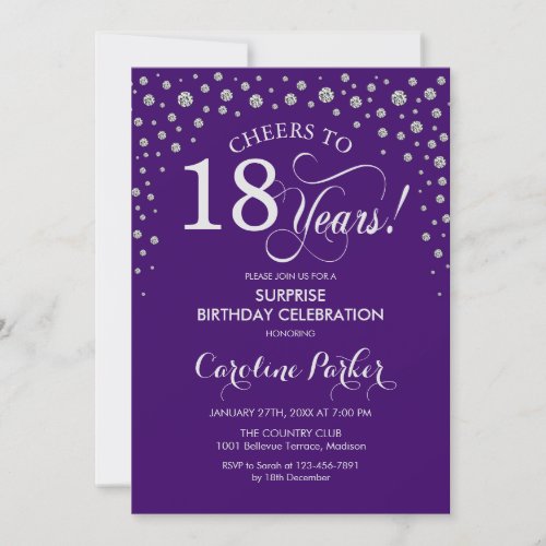 Surprise 18th Birthday Party _ Purple Silver Invitation