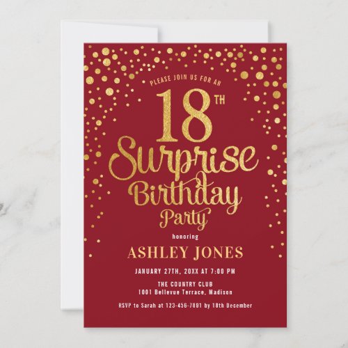 Surprise 18th Birthday Party _ Red  Gold Invitation