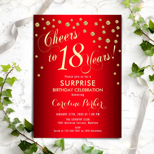 Surprise 18th Birthday Party - Red Gold Invitation (Creator Uploaded)