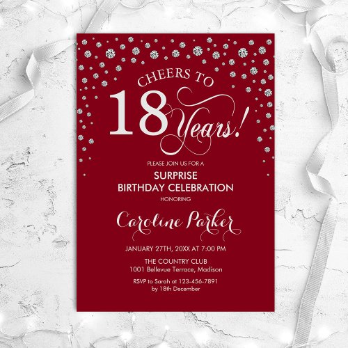 Surprise 18th Birthday Party _ Red Silver Invitation