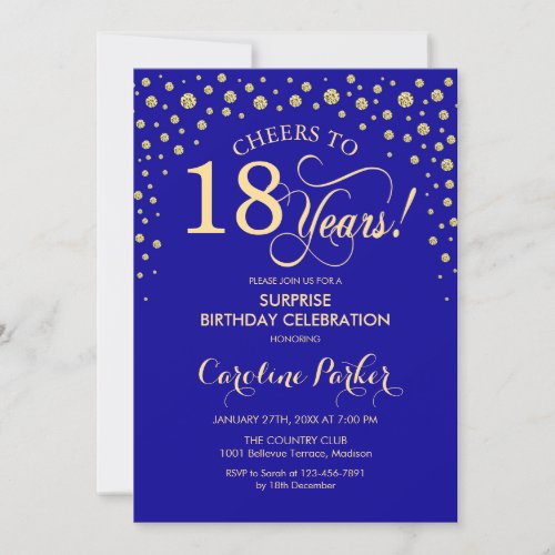 Surprise 18th Birthday Party _ Royal Blue Gold Invitation