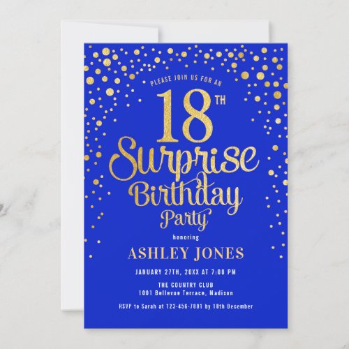 Surprise 18th Birthday Party _ Royal Blue  Gold Invitation