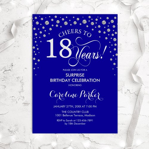 Surprise 18th Birthday Party _ Royal Blue Silver Invitation