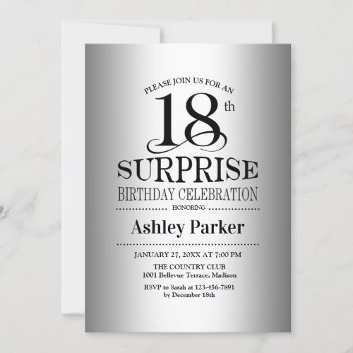 Surprise 18th Birthday Party _ Silver Invitation