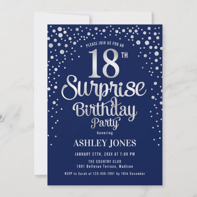 Surprise 18th Birthday Party - Silver & Navy Blue Invitation (Front)