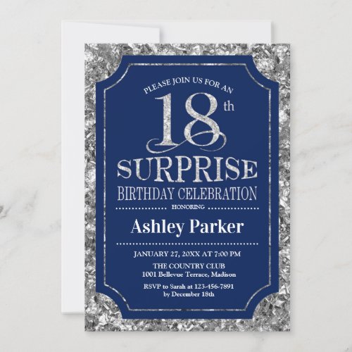 Surprise 18th Birthday Party _ Silver Navy Blue Invitation