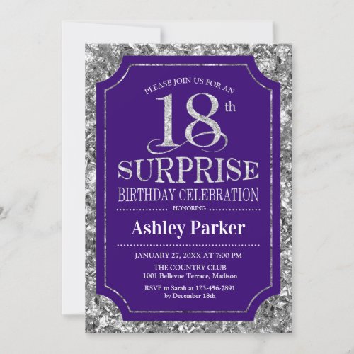 Surprise 18th Birthday Party _ Silver Purple Invitation