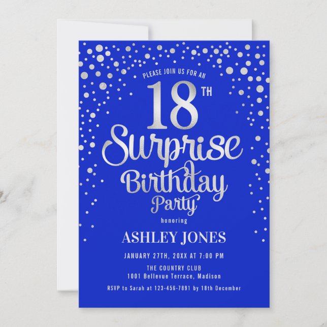 Surprise 18th Birthday Party - Silver & Royal Blue Invitation (Front)