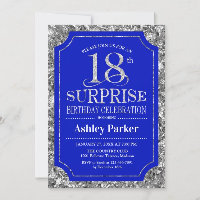 Surprise 18th Birthday Party - Silver Royal Blue Invitation (Front)