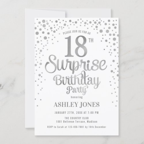 Surprise 18th Birthday Party _ Silver  White Invitation