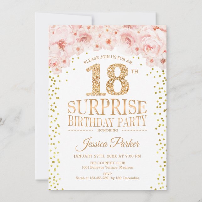 Surprise 18th Birthday Party - White Gold Pink Invitation (Front)