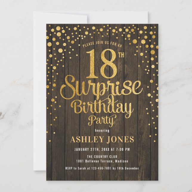 Surprise 18th Birthday Party - Wood & Gold Invitation (Front)