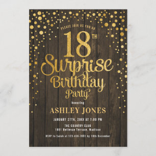 Surprise 18th Birthday Party - Wood & Gold Invitation