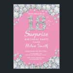 Surprise 18th Birthday Pink and Silver Diamond Invitation<br><div class="desc">Surprise 18th Birthday Invitation. Pink and Silver Rhinestone Diamond Red Background. Elegant Birthday Bash invite. Adult Birthday. Women Birthday. Men Birthday. For further customization,  please click the "Customize it" button and use our design tool to modify this template.</div>